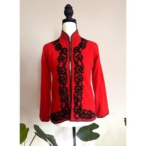 Vintage Red Beaded Embroidered Jacket Black Floral Design Hook Closure Size M/36